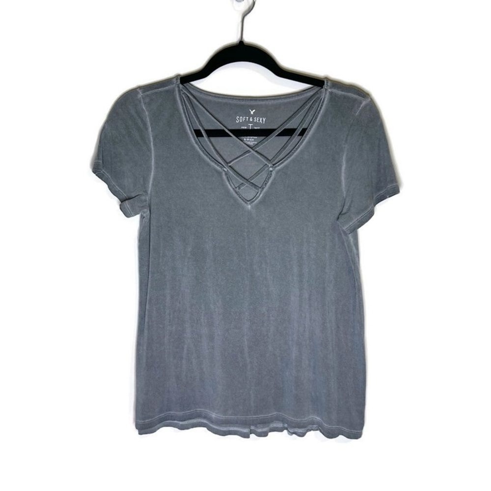 American Eagle Soft & Sexy Strappy V-Neck T-Shirt Grey Mineral Wash Small